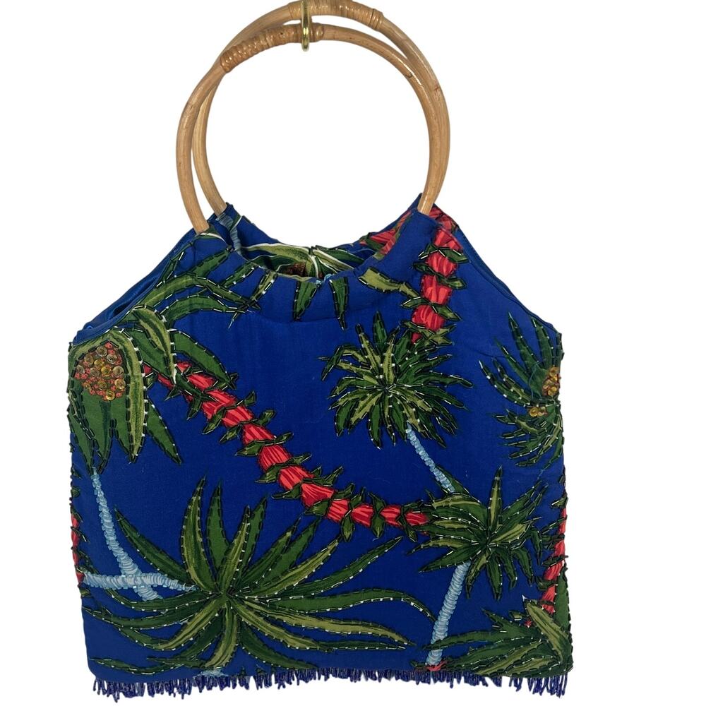 Vintage Tropical Beaded Fringe Bamboo Handle Blue Palm Trees Tiki Handbag